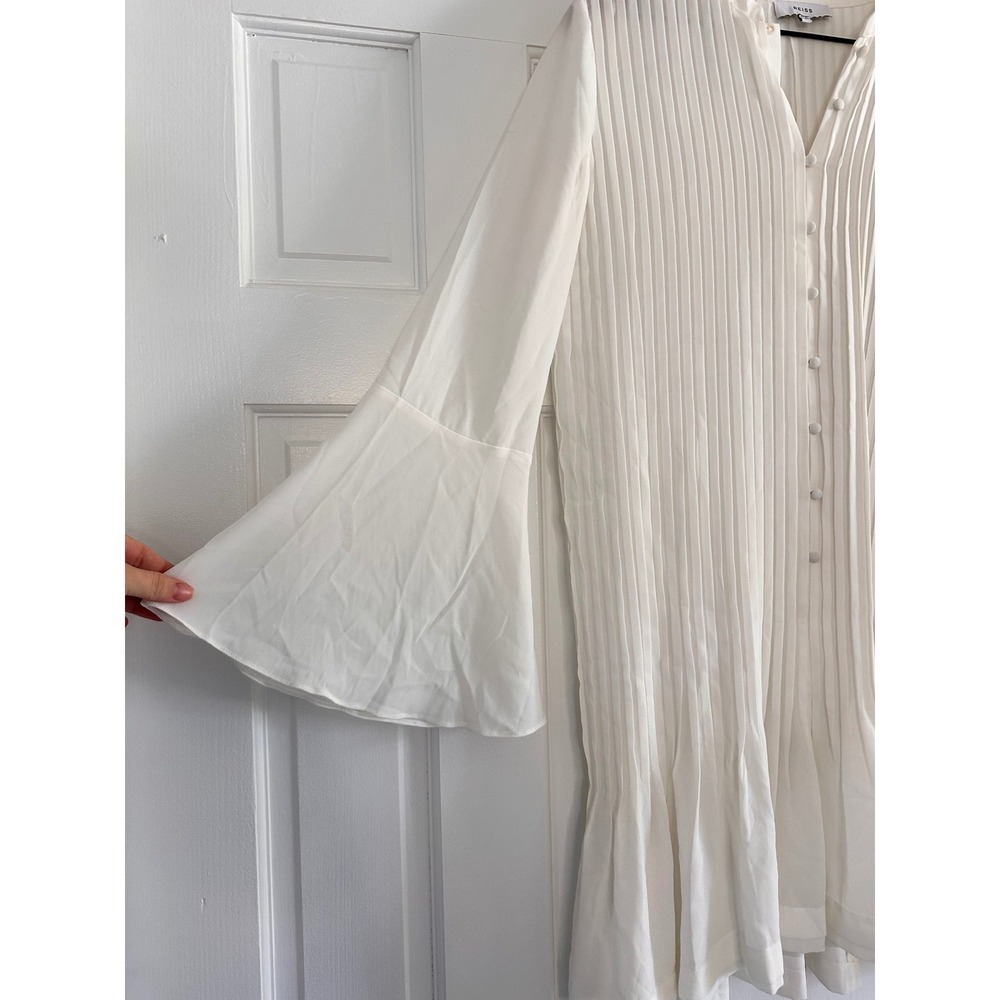 Reiss White Pleated Button Front Mini Dress Bell‎ Sleeve Band Collar Size 4 - Picture 4 of 7